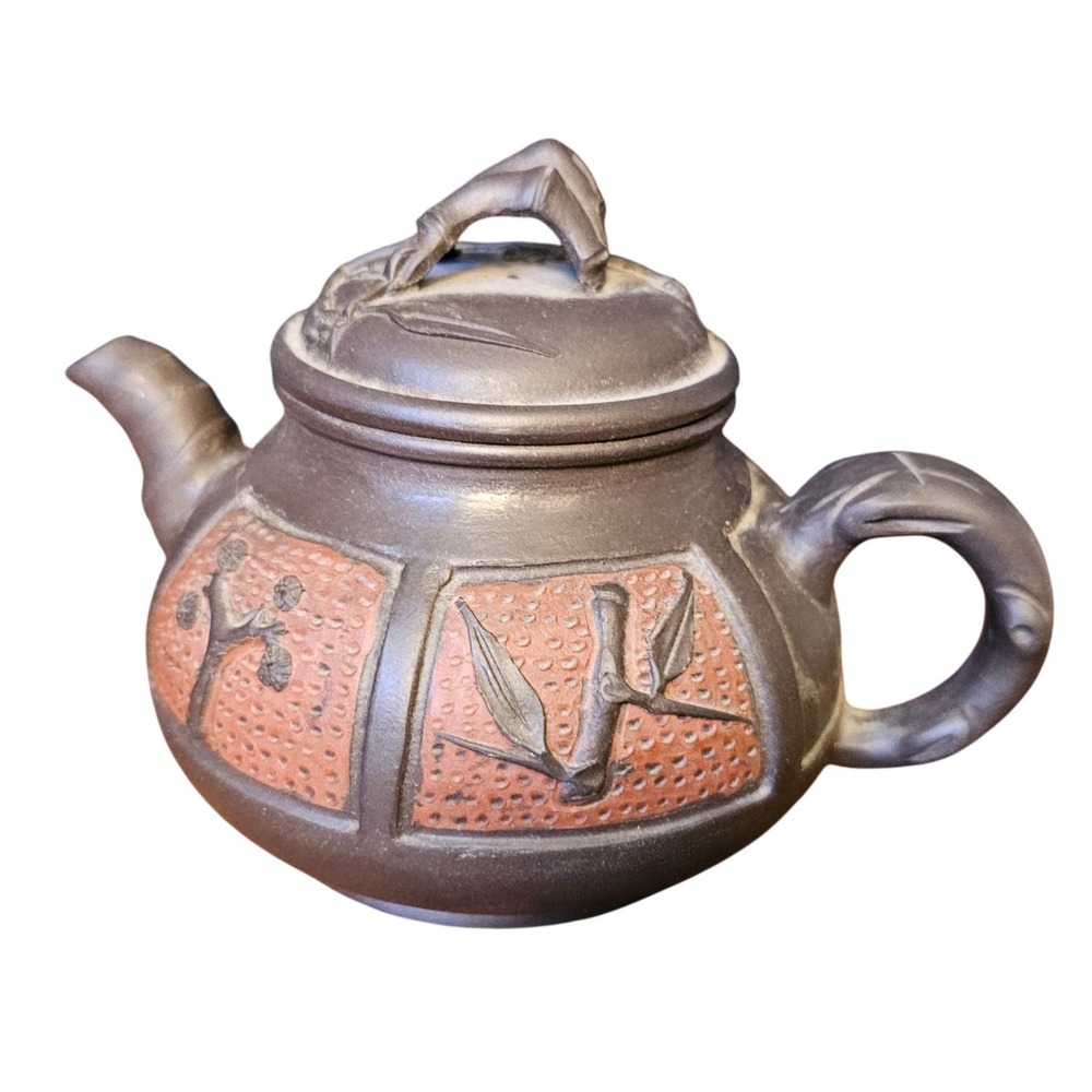 Vintage Yixing Zisha Clay Teapot Bamboo Plum Blossom Relief Purple Clay Teaware